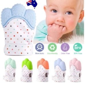Teething mitten Australia Random color, front view, showing silicone texture.