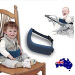 Portable kids feeding chair Australia Blue color, front view, showing safety belt.