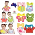 Waterproof baby bibs Australia Animal pattern, front view, showing hook and loop.