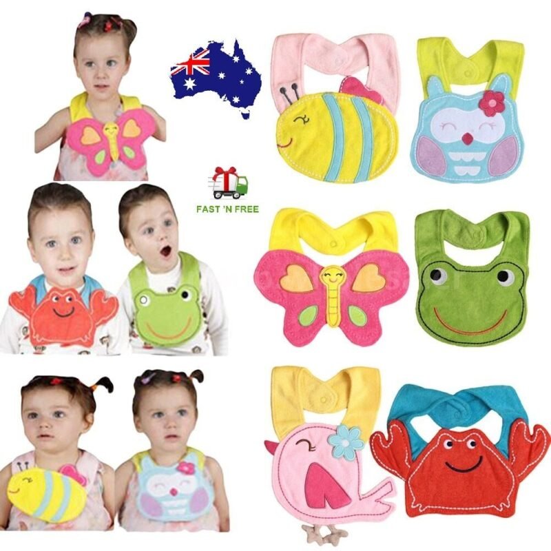 Waterproof baby bibs Australia Animal pattern, front view, showing hook and loop.