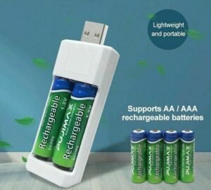 USB AA AAA battery charger Australia White ABS, front view, showing slots.