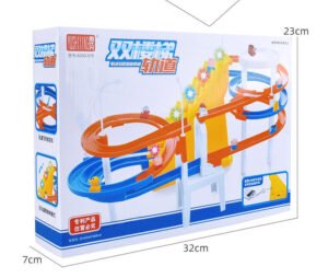 Electric pig climbing toy Australia Yellow pig on track, front view, showing lights.