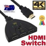 4K HDMI switch box Australia 3-way design, front view, showing ports.