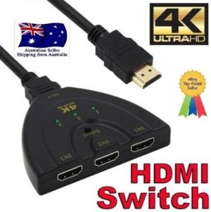 4K HDMI switch box Australia 3-way design, front view, showing ports.