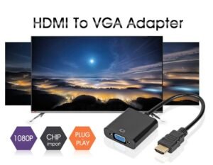 HDMI to VGA adapter Australia Black design, front view, showing ports.