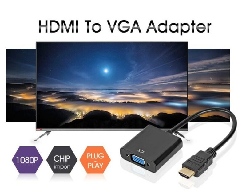 HDMI to VGA adapter Australia Black design, front view, showing ports.