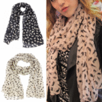 Woman in cat print chiffon scarf Multicolored, front view, showing sweet cat design.