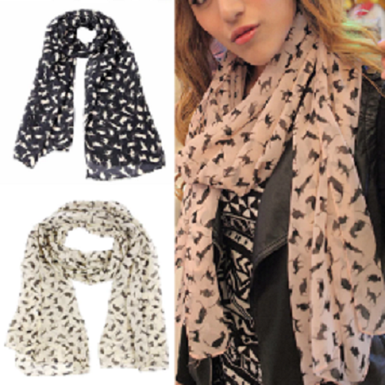 57-66.png Woman in cat print chiffon scarf Multicolored, front view, showing sweet cat design.