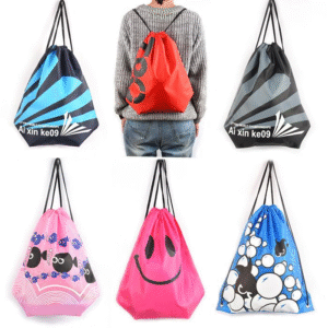 Person with waterproof drawstring backpack Australia Shown color, front view, showing double layer.