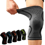 Person with elastic knee support brace Australia Shown color, front view, showing non-slip design.