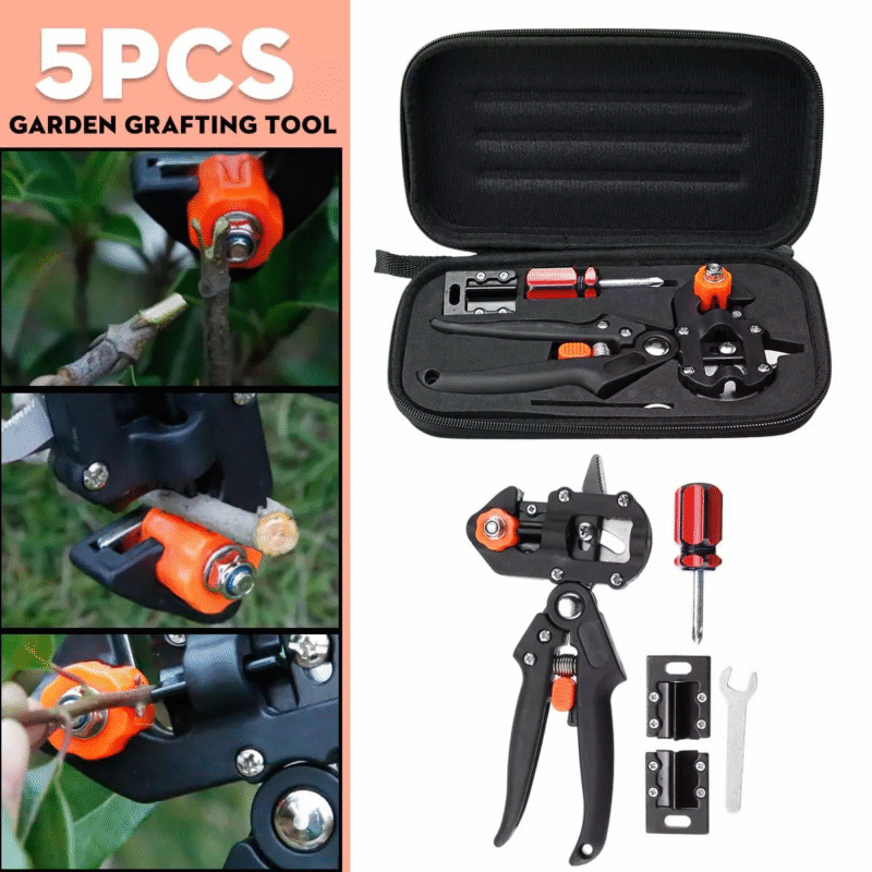 Person with grafting pruner Australia Steel color, front view, showing pruner and guillotine.