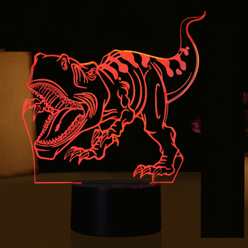 Person with T-Rex night light Australia Clear acrylic color, front view, showing 3D T-Rex.