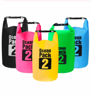 Person with waterproof dry bag Australia Blue color, front view, showing D-rings.