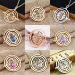Person with Time Turner necklace Australia Silver color, front view, showing hourglass pendant.