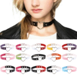 Person with choker necklace Australia Black color, front view, showing heart rivet.