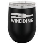 Personalised 12oz stemless wine tumbler Australia in black with engraved name.
