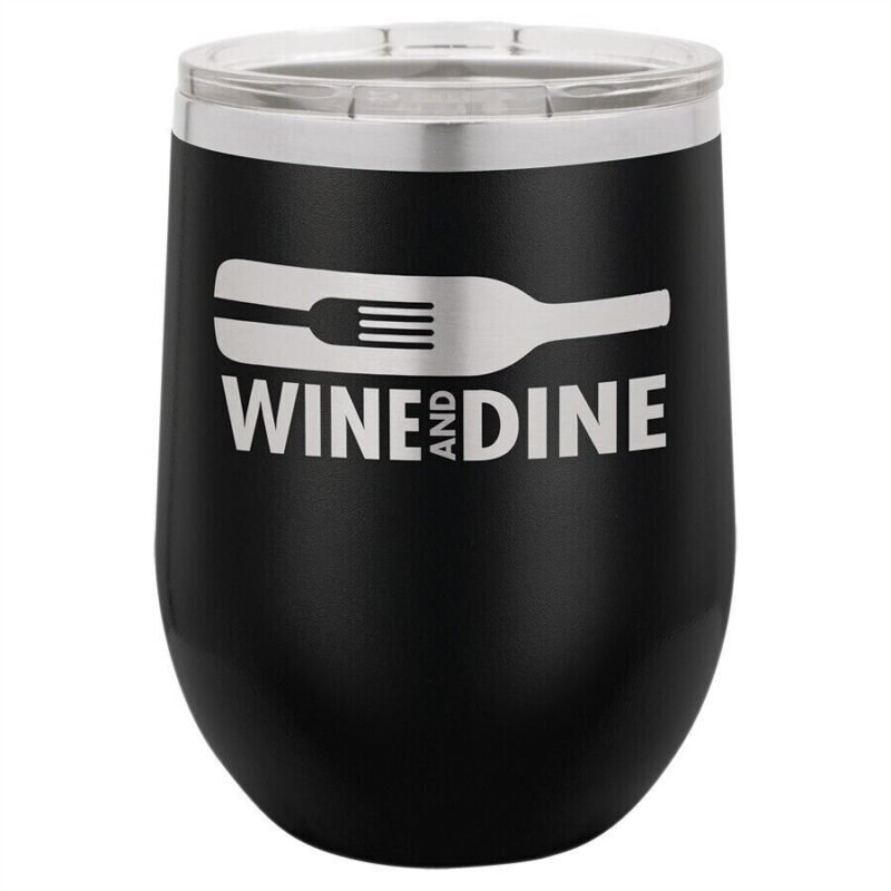 Personalised 12oz stemless wine tumbler Australia in black with engraved name.