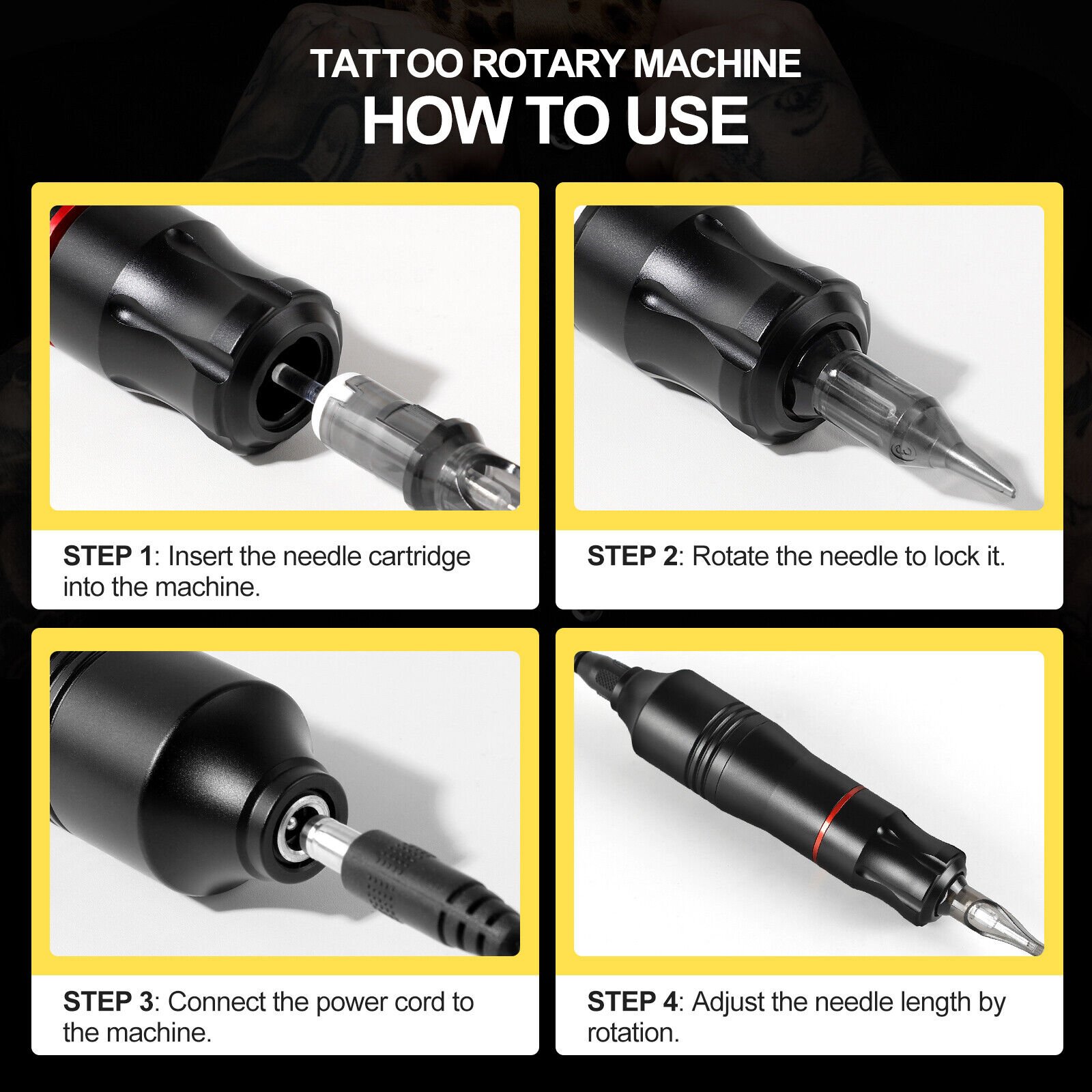 Complete tattoo kit with rotary machine, inks, needles and power supply displayed on clean surface