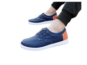 Man in breathable canvas shoes Australia Multicolored design, front view, showing tie-up style.