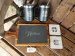 Realtor closing gift pack Australia with personalised wine tumblers and bread knife.