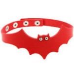 Red punk bat choker with faux leather and gothic design on a mannequin.