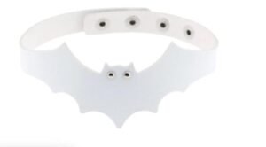 White bat PU leather choker necklace on a black background.