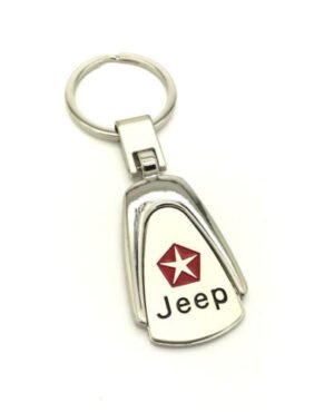 Chrome Jeep Wrangler logo keychain on a white background.