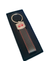 Black and silver Toyota leather keyring with carbon effect and logo. Toyota leather keyring Australia