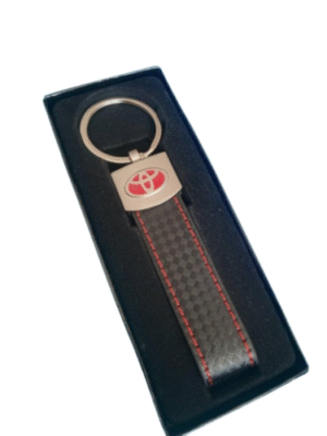 Black and silver Toyota leather keyring with carbon effect and logo. Toyota leather keyring Australia