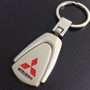 Silver Mitsubishi titanium keychain Australia with emblem design.