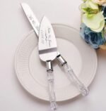 Engraved wedding cake set Australia with personalised stainless steel knife and server.