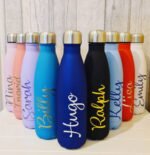 Personalised water bottle Australia 500ml stainless steel, front view, showing engraving.