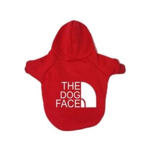 A red dog winter hoodie with a face print on a pet.
