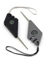 Black mini knife sharpener with ceramic and tungsten steel, showing keychain hole.