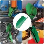 Foldable green metal oil draining funnel for motorcycles and farm gear, easy to bend and clean.