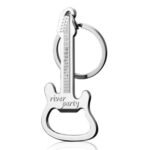 Guitar-shaped zinc alloy beer bottle and can opener keychain, compact and durable, easy to carry attached to keys.