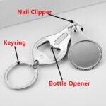 Silver nail clippers keychain with heat transfer design on a key ring.