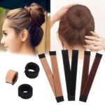 A colorful donuts elastic hair band shaping a bun.
