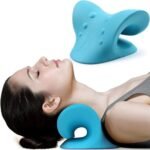 Neck massage pillow neck shoulder cervical chiropractic traction device in blue.