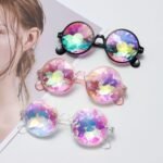 Black frame kaleidoscope sunglasses Australia for parties with rainbow lenses.