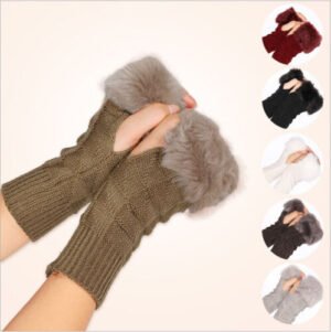 Winter hand warmer gloves Australia in khaki crochet knit on a woman’s hand.