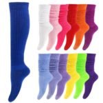 Pink candy color slouch sock scrunched over a knee-high boot.