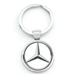 A zinc alloy benz 3d keychain with car badge.