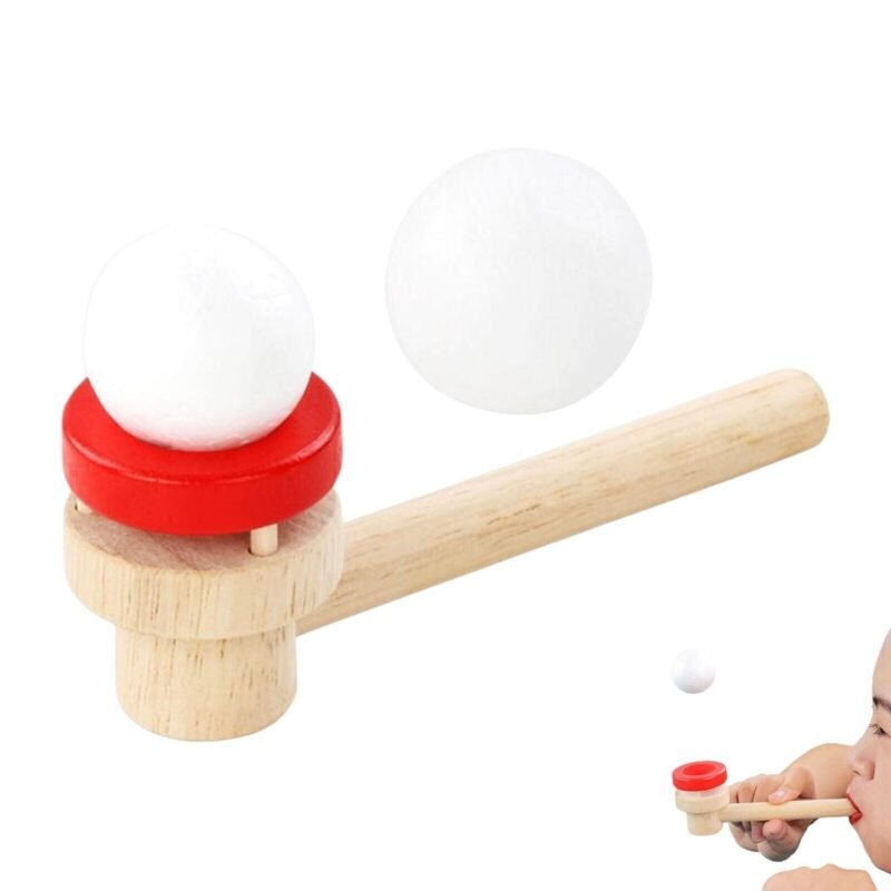 Brightly colored blowing ball lung trainer with kids playing outdoors.