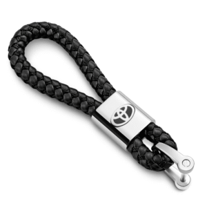 A black PU leather keychain with woven Toyota logo.