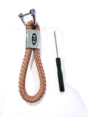 A black leather keychain with 3D KIA emblem.