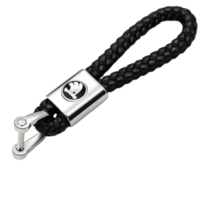 A black leather keychain with Skoda Octavia 3D logo.