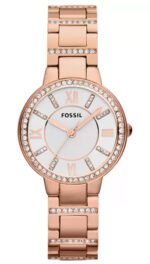Gorgeous Fossil Virginia rose gold watch with sparkling crystals on wrist