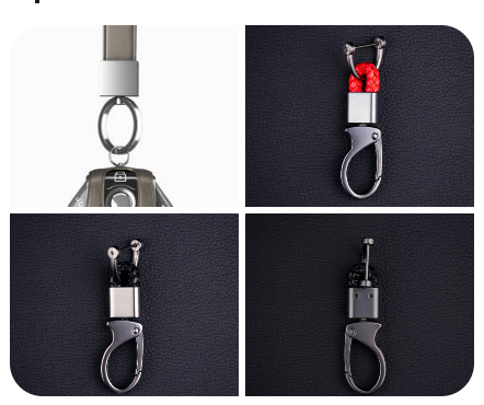 Comparison of keychain materials including titanium, leather and stainless steel protecting car key fobs from scratches